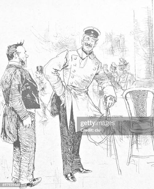 officer in the cafe picks a tip for the service man, both standing - gratuity stock illustrations