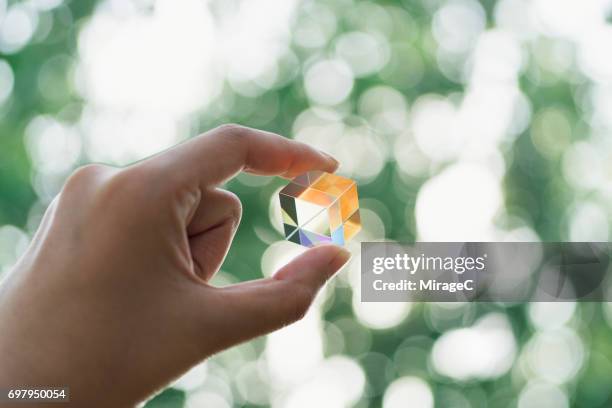 hand holding cube prism against green trees bokeh - prisma stock-fotos und bilder