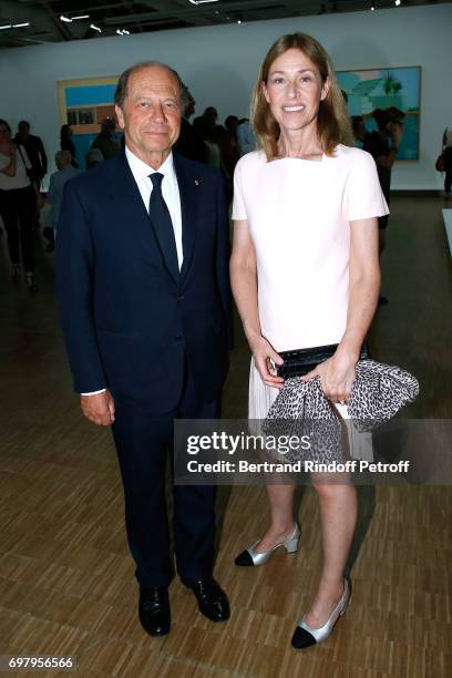 Jean-Claude Meyer and his wife Nathalie Bloch-Laine attend the David Hockney "Retrospective" Exhibition at Centre Pompidou on June 19, 2017 in Paris,...