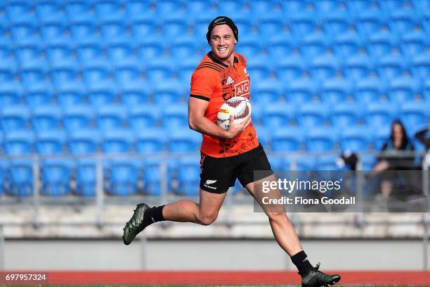 Israel Dagg runs in for a try during a New Zealand All Blacks training session at Trusts Stadium on June 20, 2017 in Auckland, New Zealand.