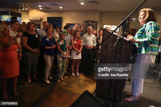 Republican candidate Karen Handel speaks during a campaign stop at Houck's Grille as she runs for Georgia's 6th Congressional District on June 19,...