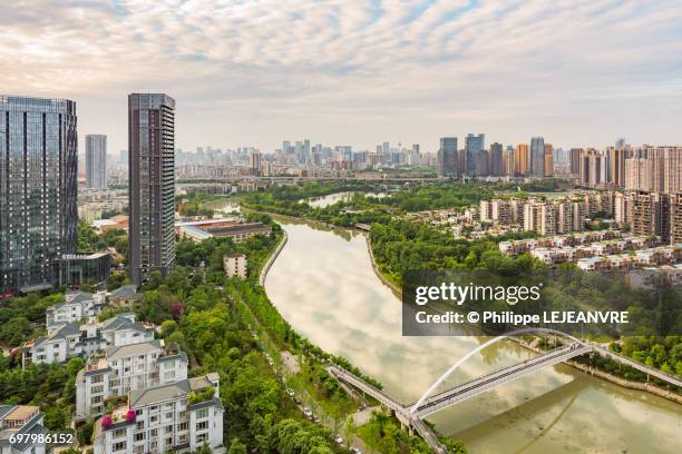 chengdu skyline and river aerial view in day light - chengdu skyline stock pictures, royalty-free photos & images