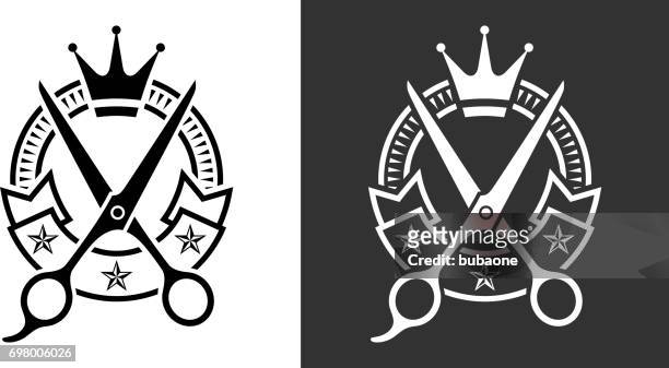 barber and barbershop black and white vector badge - hairdresser scissors stock illustrations
