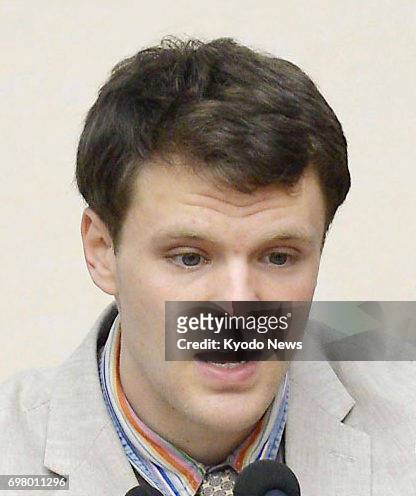 American university student Otto Warmbier, shown in this photo taken in February 2016 during a press conference in Pyongyang, died at a hospital in...