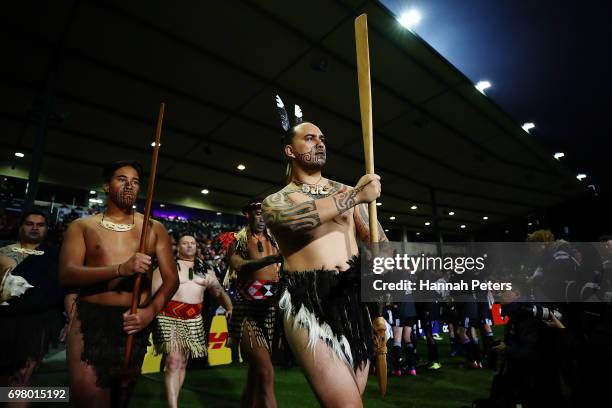 Maori Warriors bring the match Taiaha to the field ahead of the match between the New Zealand Maori and the British & Irish Lions at Rotorua...