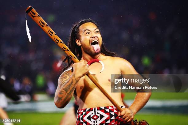 Maori Warriors bring the match Taiaha to the field ahead of the match between the New Zealand Maori and the British & Irish Lions at Rotorua...