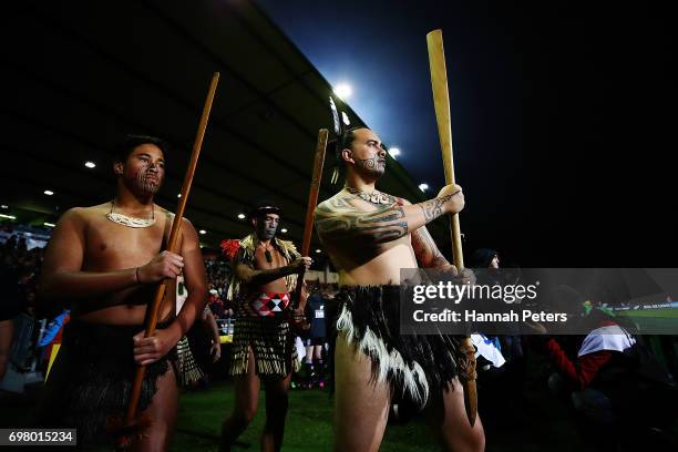 Maori Warriors bring the match Taiaha to the field ahead of the match between the New Zealand Maori and the British & Irish Lions at Rotorua...