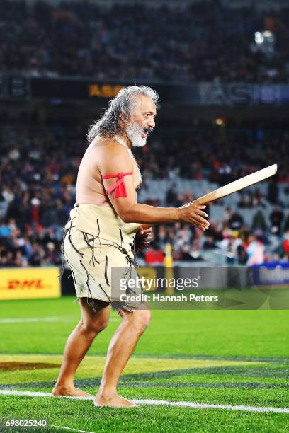 Maori Warrior brings the match Taiaha to the field ahead of the match between the Auckland Blues and the British & Irish Lions at Eden Park on June...