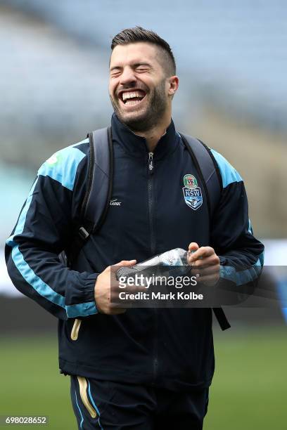 James Tedesco laughs as he arrives during a New South Wales Blues State of Origin captain's run at ANZ Stadium on June 20, 2017 in Sydney, Australia.