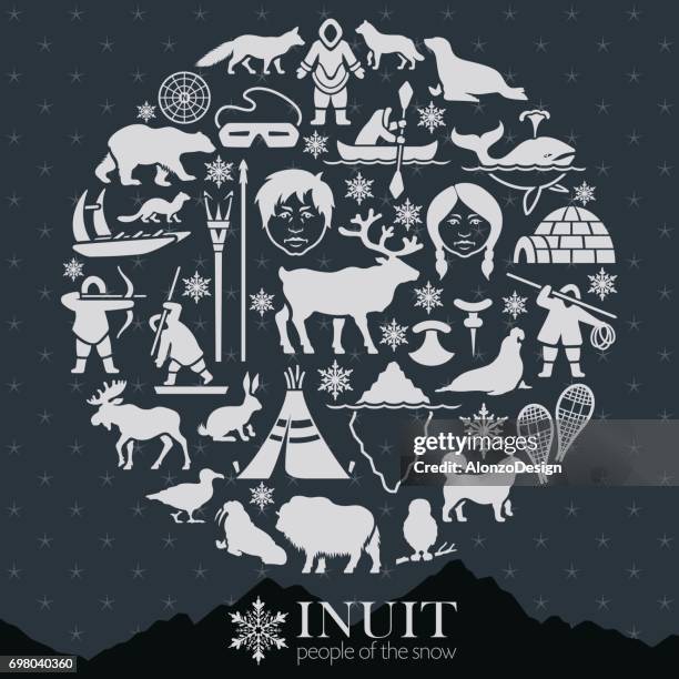 inuit life collage - arctic fox stock illustrations