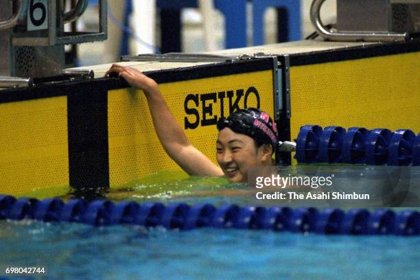 Kyoko Iwasaki celebrates winning the Women's 200m Breaststroke final during the 71st Swimming Japan Championships at the Midoricho park indoor...