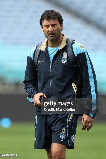 Blues coach Laurie Daley watches on during a New South Wales Blues State of Origin captain's run at ANZ Stadium on June 20, 2017 in Sydney, Australia.