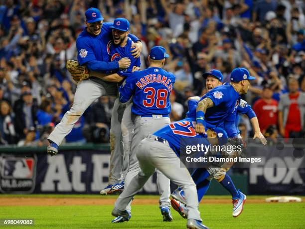 The Chicago Cubs celebrate winning Game 7 of the World Series against the Cleveland Indians on November 2, 2016 at Progressive Field in Cleveland,...