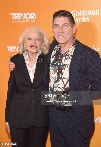 Rights activists Edie Windsor and James Lecesne attend the TrevorLIVE New York 2017 Fundraiser at the Marriott Marquis Times Square on June 19, 2017...