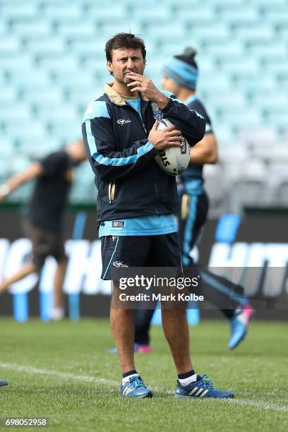 Blues coach Laurie Daley watches on during a New South Wales Blues State of Origin captain's run at ANZ Stadium on June 20, 2017 in Sydney, Australia.