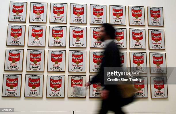 Spectator walks past "Campbells Soup Cans" created in 1962 by artist Andy Warhol at the Andy Warhol retrospective exhibition February 5, 2002 at the...