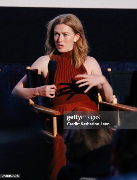 Mireille Enos peaks onstage at the premieres of "Never Here" and "Laps" during the 2017 Los Angeles Film Festival at Arclight Cinemas Culver City on...