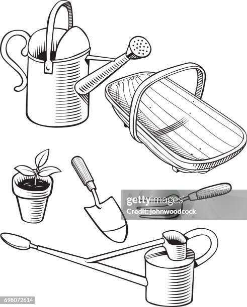 stockillustraties, clipart, cartoons en iconen met tuingereedschap mono vectorillustratie - houten mand