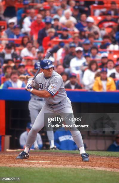 Eric Karros of the Los Angeles Dodgers bats during an MLB game against the New York Mets on May 10, 1992 at Shea Stadium in Flushing, New York.