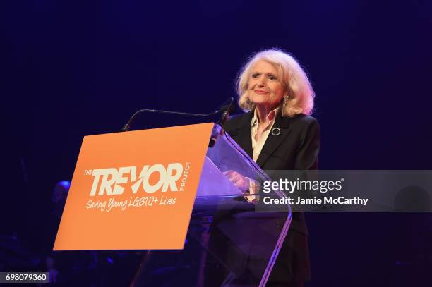 Edith Windsor speaks onstage during The Trevor Project TrevorLIVE NYC 2017 at Marriott Marquis Times Square on June 19, 2017 in New York City.