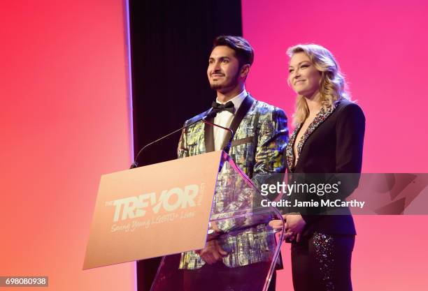 Ryan Jordan Santana and India Gants speak onstage during The Trevor Project TrevorLIVE NYC 2017 at Marriott Marquis Times Square on June 19, 2017 in...