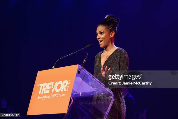 Freema Agyeman speaks onstage during The Trevor Project TrevorLIVE NYC 2017 at Marriott Marquis Times Square on June 19, 2017 in New York City.