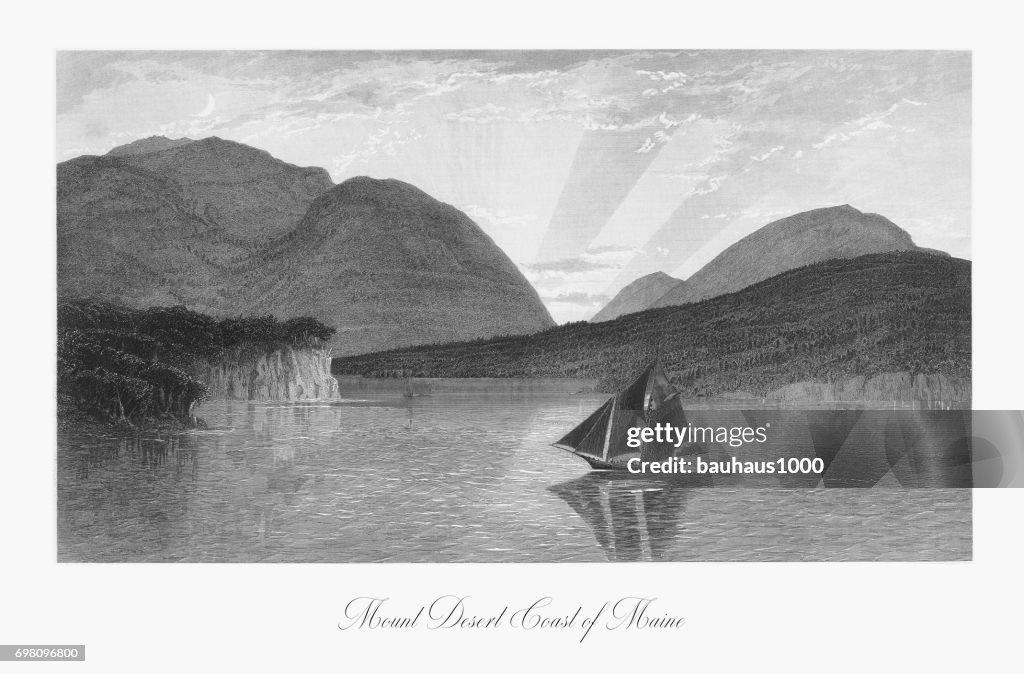 Mount Desert Island, Maine, United States, American Victorian Engraving, 1872