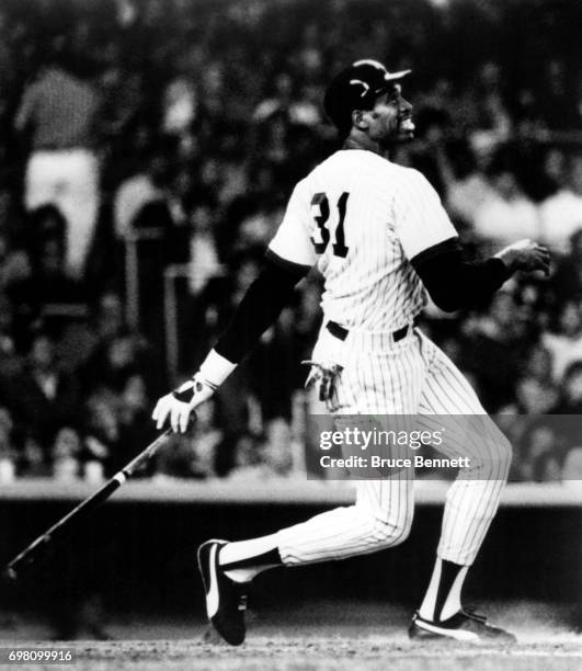 Dave Winfield of the New York Yankees swings at the pitch during an MLB game circa 1982 at Yankee Stadium in the Bronx, New York.