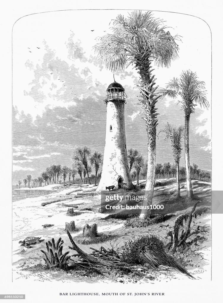 Bar Lighthouse, Mouth of the St. Johns River, Florida, United States, American Victorian Engraving, 1872