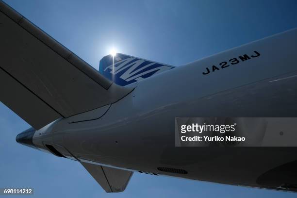 Rudder of Mitsubishi Regional Jet bearing a logo of ANA Holdings Inc. Is seen on the aircraft parked at the Le Bourget Airport, a day before the...