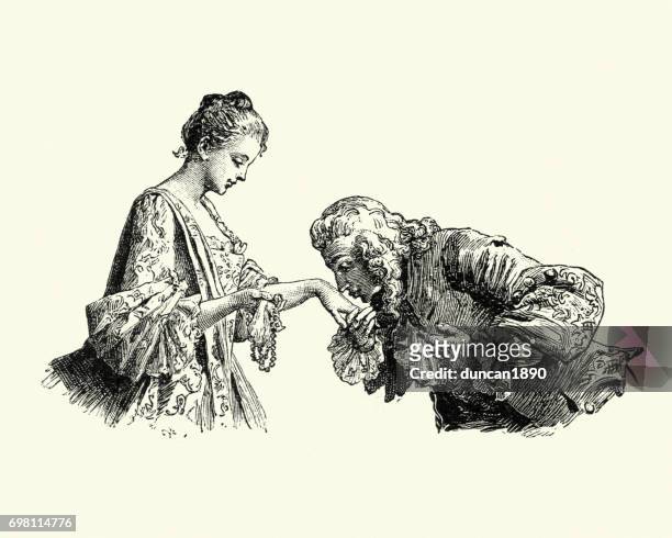 manon lescaut - man kissing young womans hand - historical romance stock illustrations