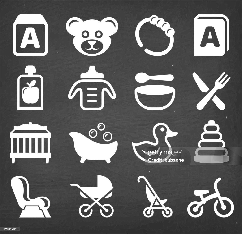 Cuidado de bebé y juguetes tiza tablero vector vector conjunto de iconos