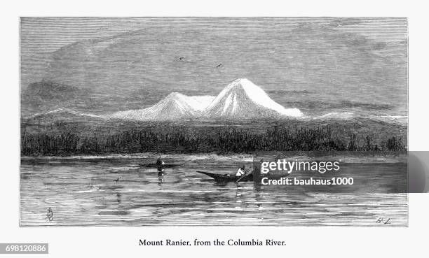 mount ranier, from the columbia river, washington, united states, american victorian engraving, 1872 - mount rainier snow stock illustrations