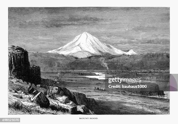 mount hood, oregon, united states, american victorian engraving, 1872 - oregon wilderness stock illustrations