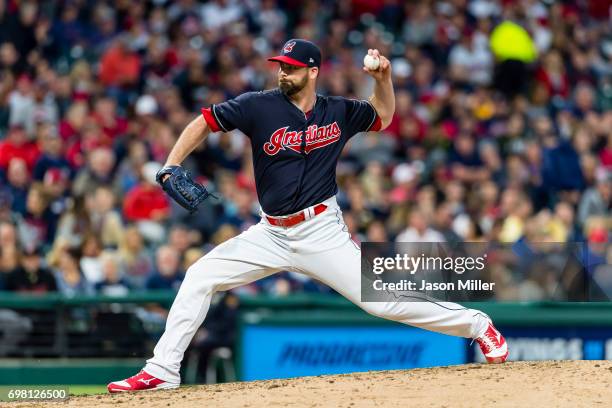 Boone Logan of the Cleveland Indians pitches during the sixth inning against the Kansas City Royals at Progressive Field on May 26, 2017 in...