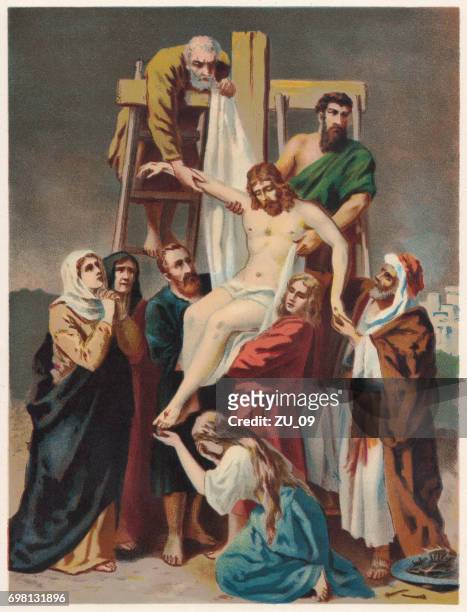 descent from the cross, chromolithograph, published in 1886 - calvary jerusalem stock illustrations