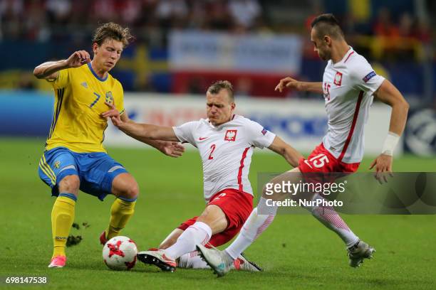 Alexander Fransson , Pawel Jaroszynski , Jaroslaw Jach , during the UEFA U21 match between Poland and Sweden at Arena Lublin on June 19, 2017 in...