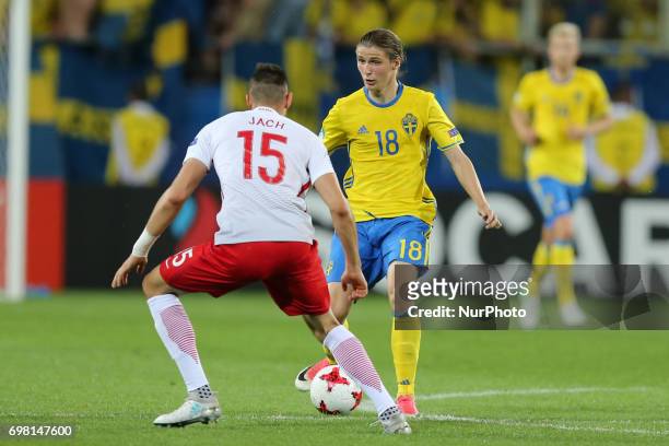 Jaroslaw Jach , Pawel Cibicki , during the UEFA U21 match between Poland and Sweden at Arena Lublin on June 19, 2017 in Lublin, Poland.