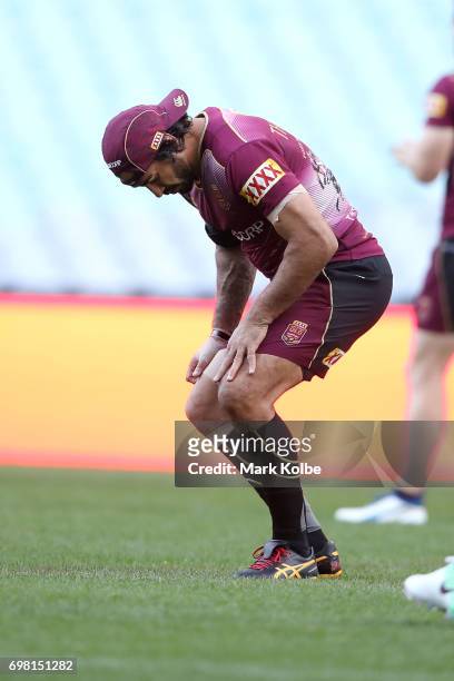 Johnathan Thurston stretches during a Queensland Maroons State of Origin captain's run at ANZ Stadium on June 20, 2017 in Sydney, Australia.