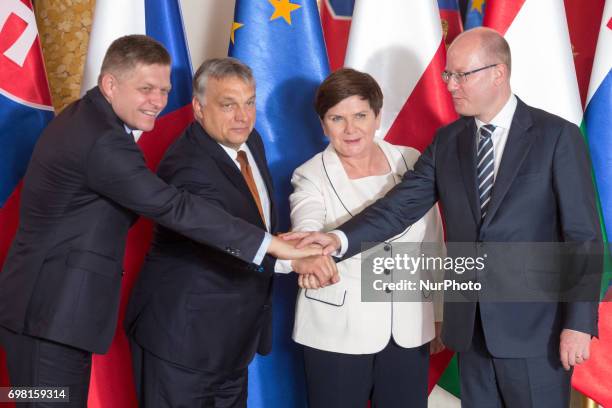 Prime Ministers of Visegrad Group countries : Slovakia's Robert Fico, Hungary's Viktor Orban, Poland's Beata Szydlo and Czech Republic's Bohuslav...