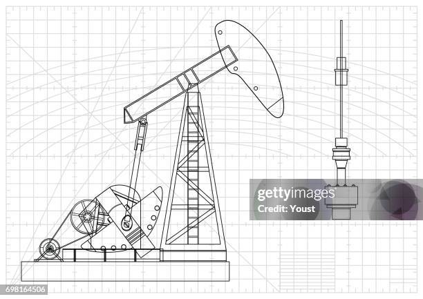 ilustraciones, imágenes clip art, dibujos animados e iconos de stock de aceite bomba jack cianotipo - plataforma petrolera