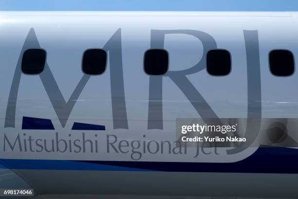 The third Flight Test Aircraft of Mitsubishi Regional Jet is parked at the Le Bourget Airport, a day before the opening of the 2017 Paris Air Show on...