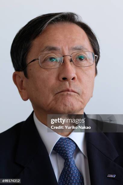 Osamu Shinobe, ANA Holdings Inc.'s Vice Chairman, attends a news conference on the third Flight Test Aircraft of Mitsubishi Regional Jet at the Le...