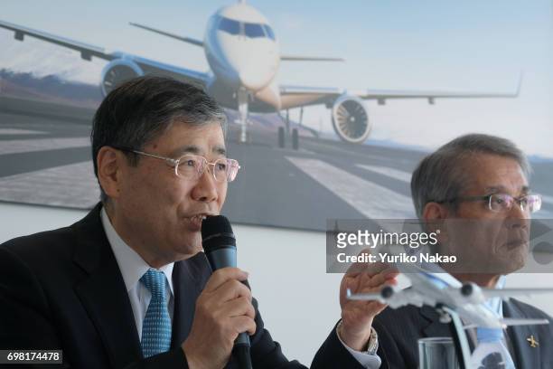 Hisakazu Mizutani , Mitsubishi Aircraft Corporation's president and Shunichi Miyanaga attend a news conference on the third Flight Test Aircraft of...