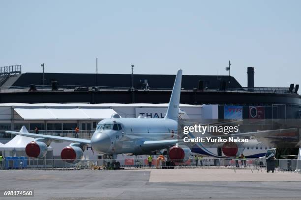 Japanese aircraft maker Kawasaki Heavy Industries' P-1 maritime patrol aircraft is displayed at the Le Bourget Airport, a day before the opening of...