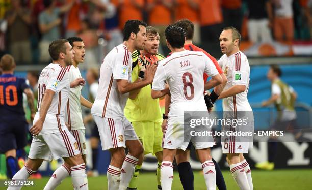 Spain goalkeeper Iker Casillas appeals to referee Nicola Rizzoli after Netherland's' Stefan de Vrij scores his side's third goal