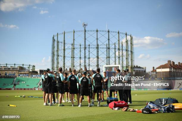 Surrey players during practice before the game
