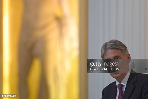 Britain's Chancellor of the Exchequer Philip Hammond delivers his re-scheduled speech to the Bankers and Merchants of the City of London, during a...