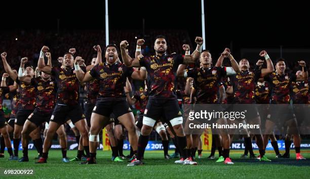 Liam Messam of the Chiefs and teammates perform the Haka prior to kickoff during the 2017 British & Irish Lions tour match between the Chiefs and the...