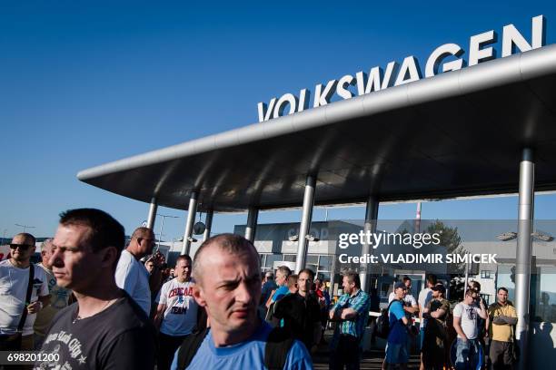 Workers at Volkswagen Slovakia attend a rally at the start of a strike over unmet demands for a 16-percent pay rise from the country's largest...